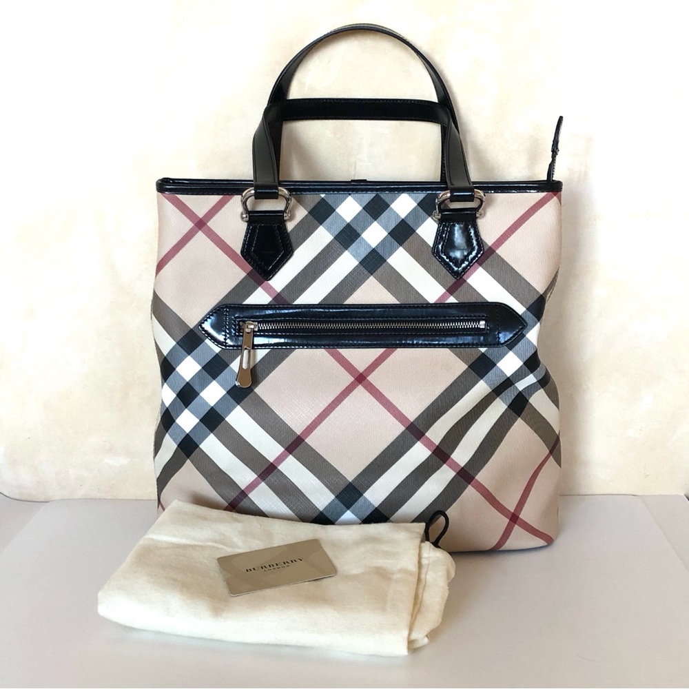 RARE Authentic Burberry Large NOVA Check Front Pocket Coated Canvas Tote Bag EUC